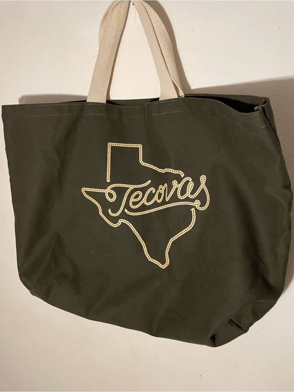 Tecovas Olive Canvas Tote with Cream Logo and Handles